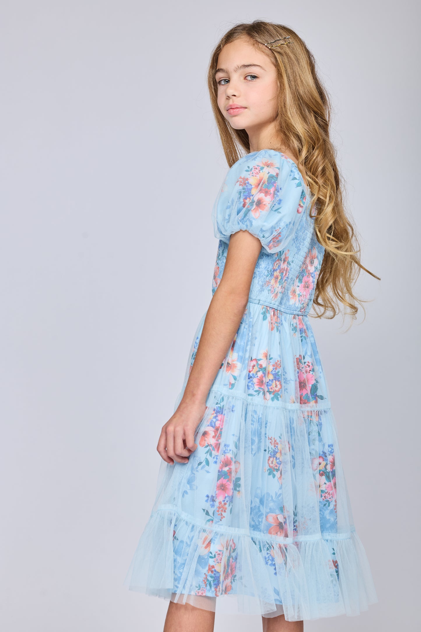 PRINT DRESS WITH MESH OVERLAY