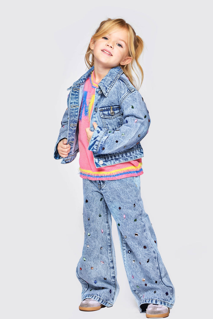 ACID WASH DENIM JACKET W/ RHINESTONES AT SLEEVES