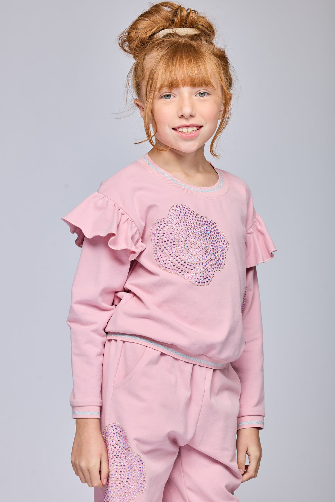 RHINESTONE ROSE SWEATSHIRT W/ SHOULDER RUFFLE