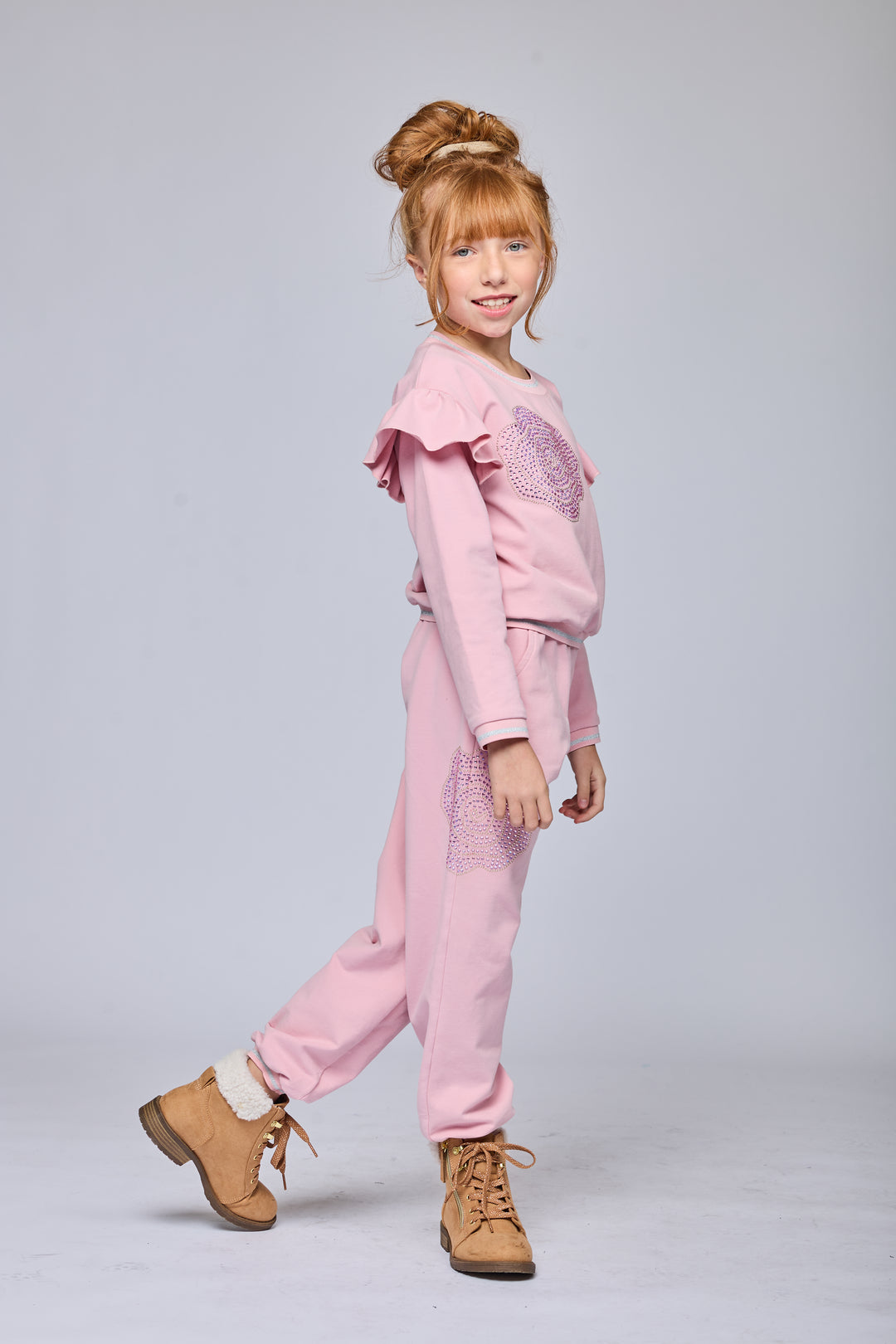 RHINESTONE ROSE SWEATSHIRT W/ SHOULDER RUFFLE