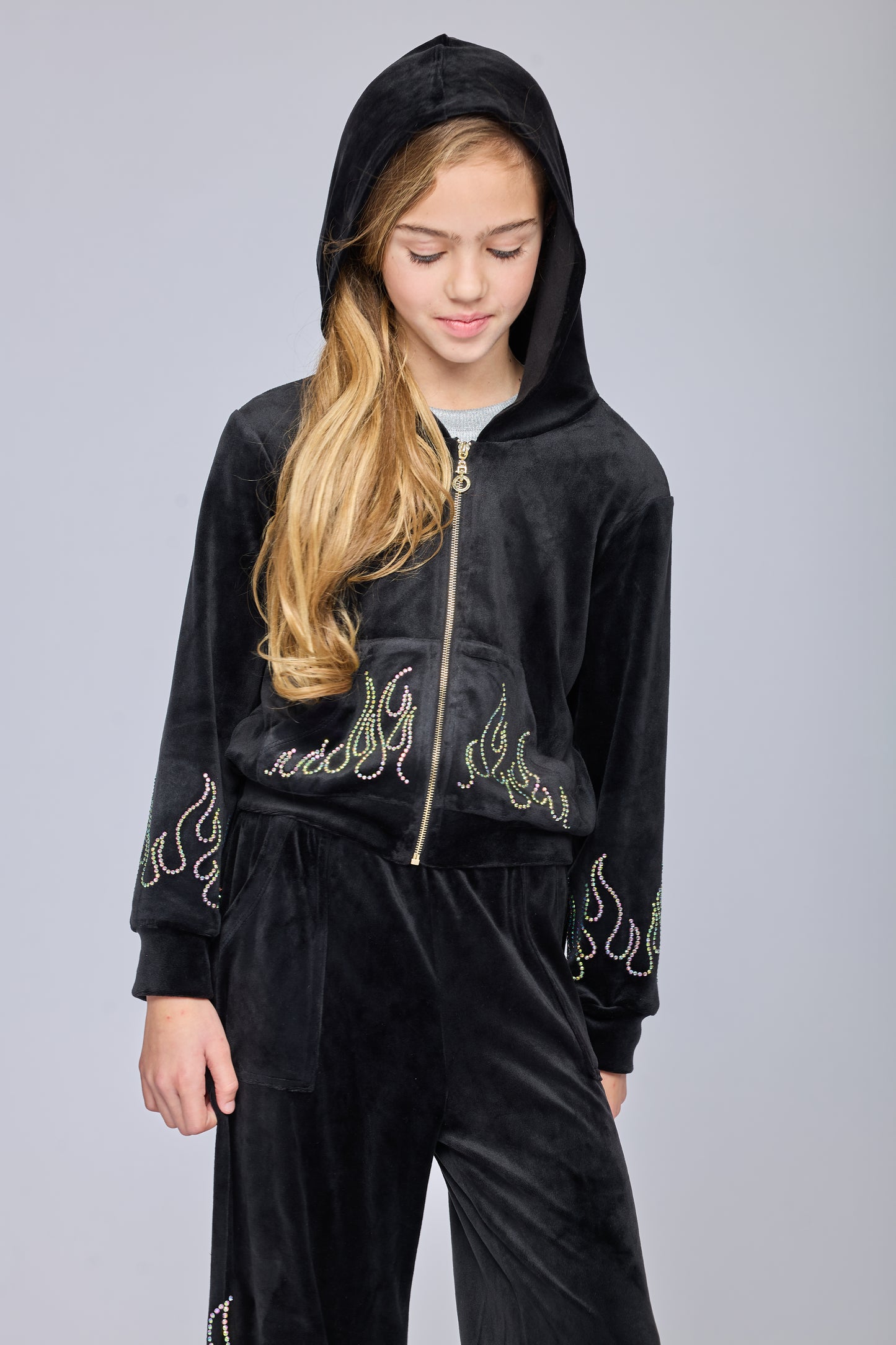 WIDE LEG VELOUR PANTS WITH RHINESTONE FLAMES