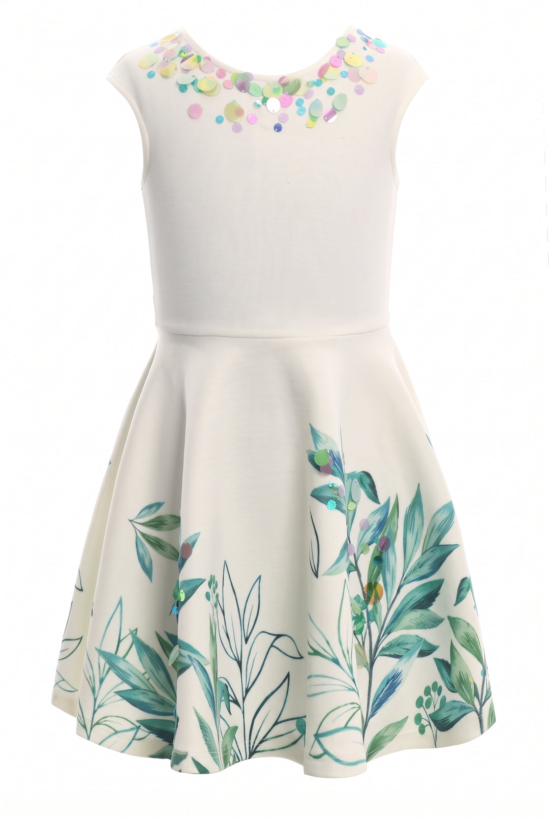 FIT AND FLARE DRESS WITH LEAFY PRINT WITH PAILLETTES
