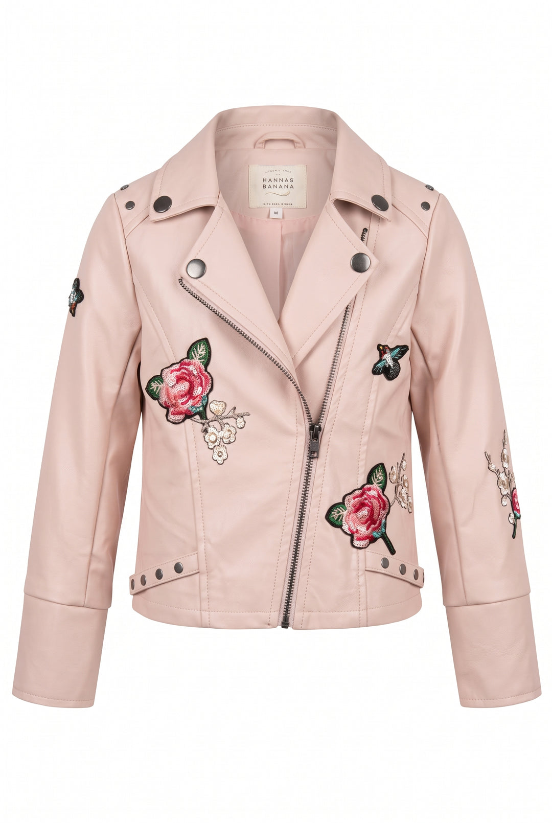 FAUX LEATHER BIKER JACKET W/ JEWELED PATCHES