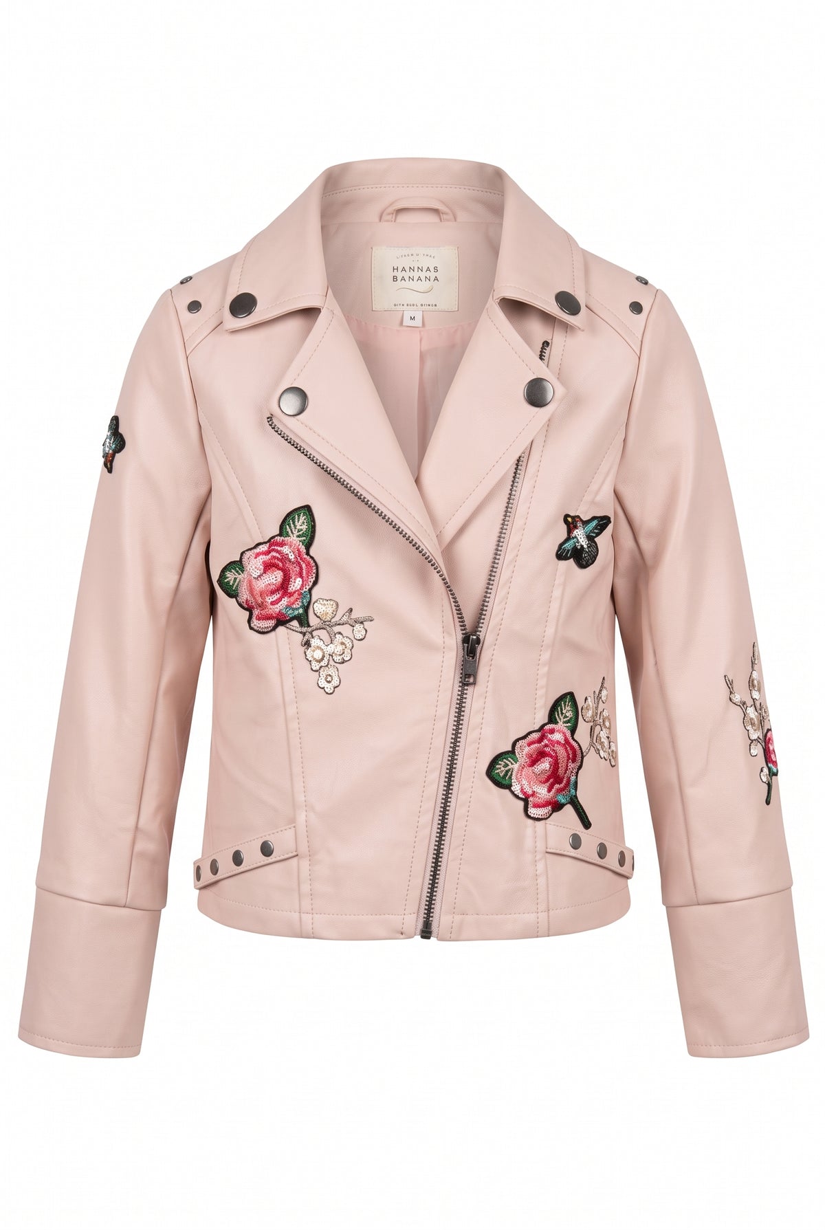 FAUX LEATHER BIKER JACKET W/ JEWELED PATCHES