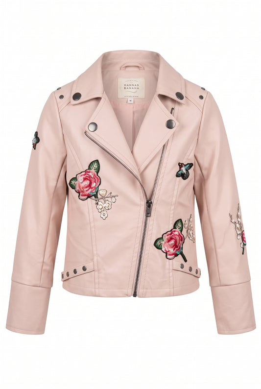 FAUX LEATHER BIKER JACKET W/ JEWELED PATCHES