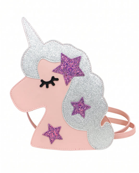 FAUX LEATHER UNICORN CROSSBODY BAG W/ GLITTER STAR PATCHES