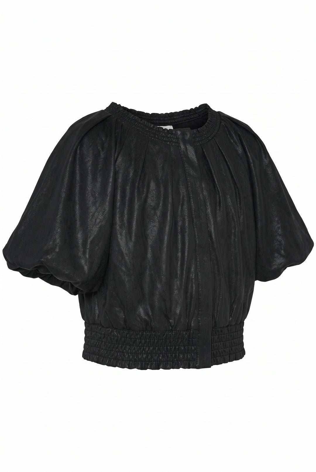 PLEATED TOP WITH BUBBLE SLEEVES AND ELASTIC WAIST (FAUX LEATHER)