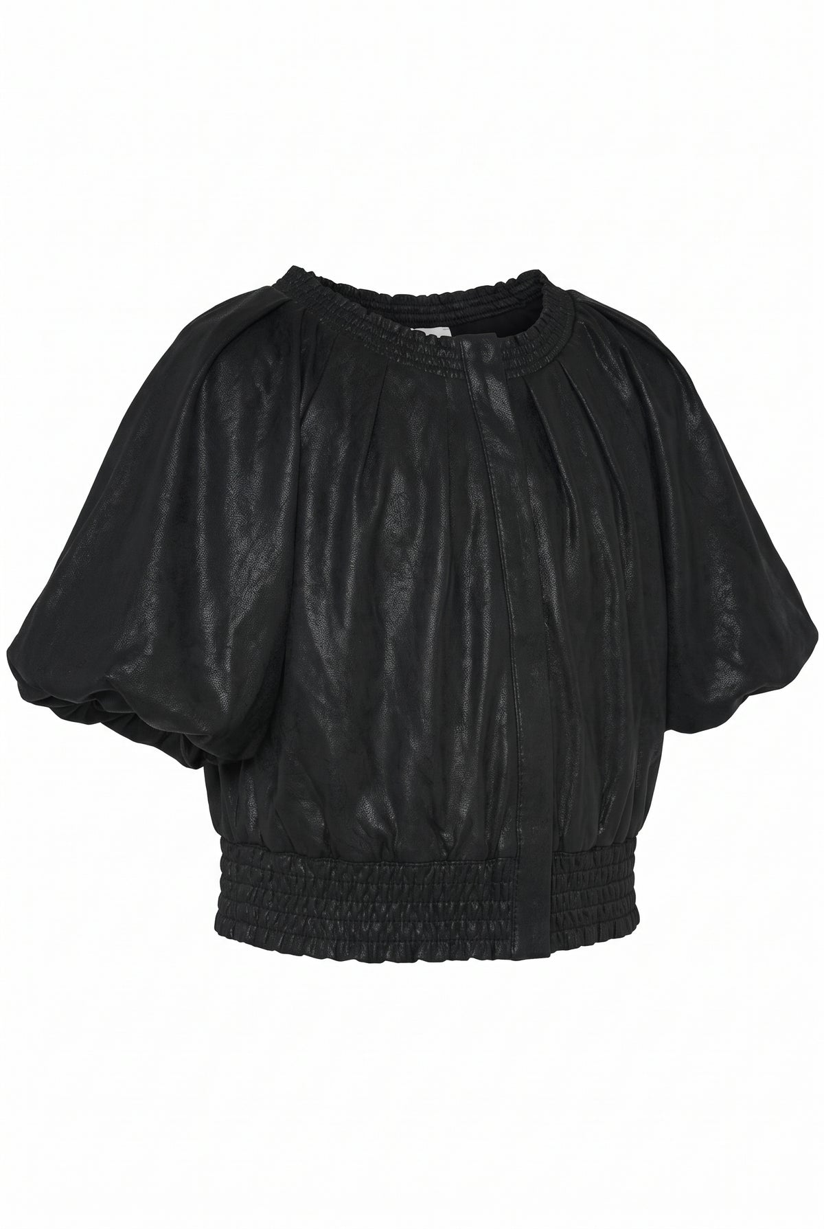PLEATED TOP WITH BUBBLE SLEEVES AND ELASTIC WAIST (FAUX LEATHER)