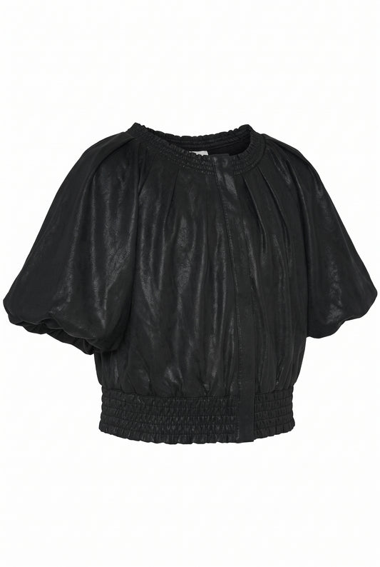 PLEATED TOP WITH BUBBLE SLEEVES AND ELASTIC WAIST (FAUX LEATHER)
