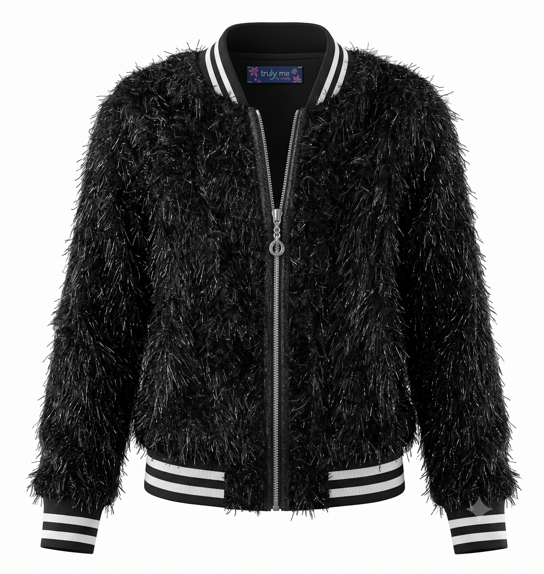 Big Girls Faux Fur Sparkly Sporty Chic Bomber Jacket