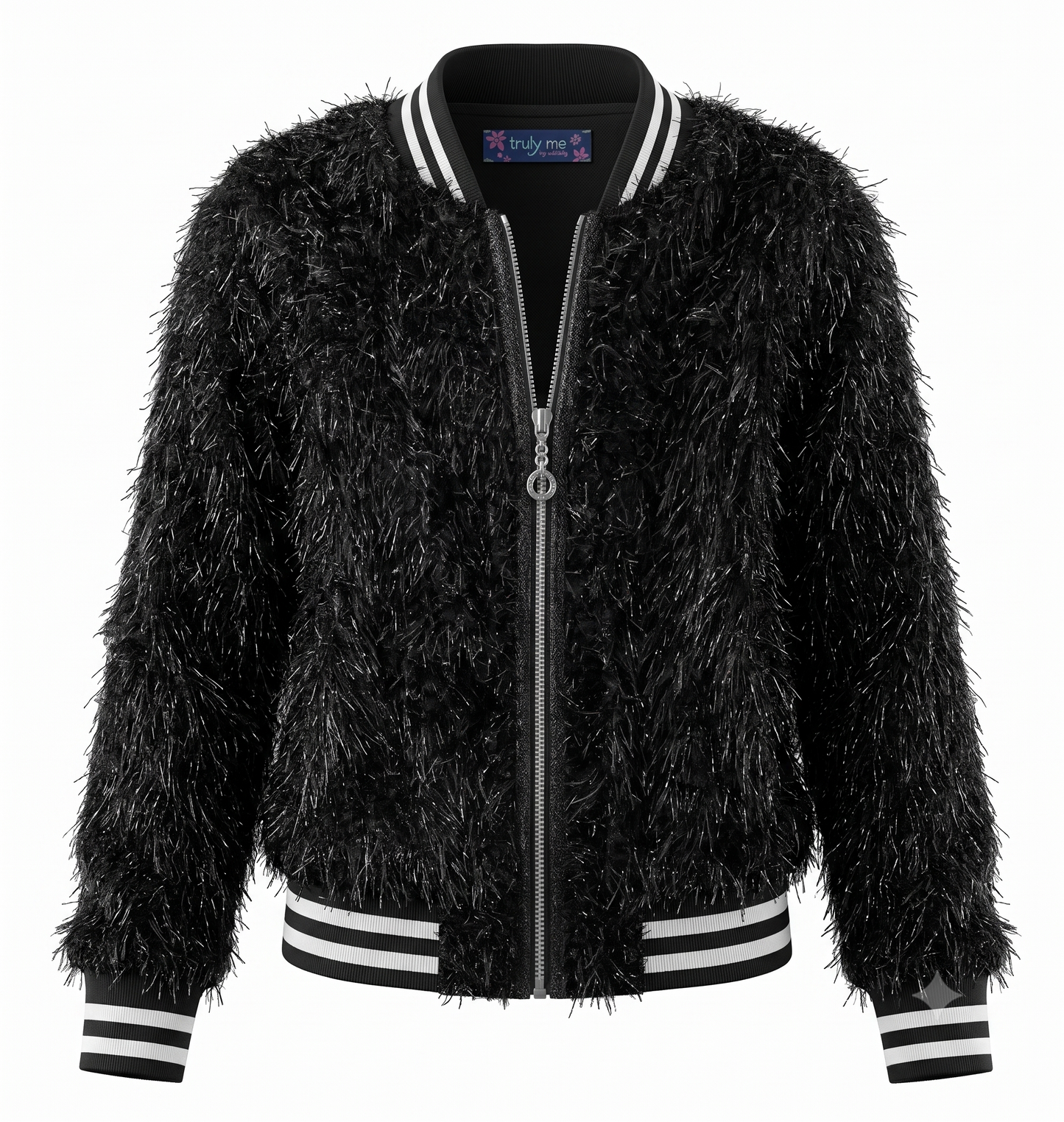 Big Girls Faux Fur Sparkly Sporty Chic Bomber Jacket