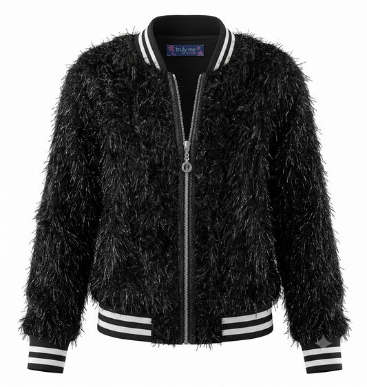 Big Girls Faux Fur Sparkly Sporty Chic Bomber Jacket