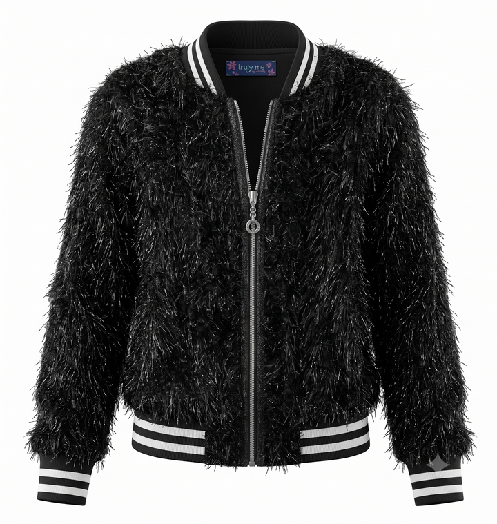 Big Girls Faux Fur Sparkly Sporty Chic Bomber Jacket