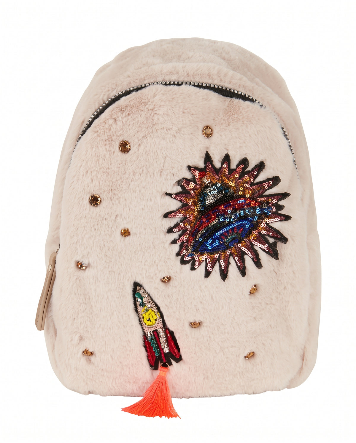 FAUX FUR BACKPACK W/ SPACE THEME PATCHES AND RHINESTONES