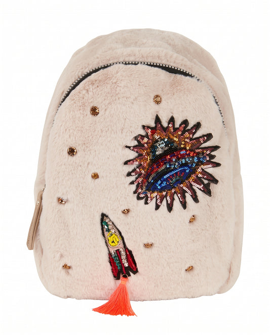 FAUX FUR BACKPACK W/ SPACE THEME PATCHES AND RHINESTONES