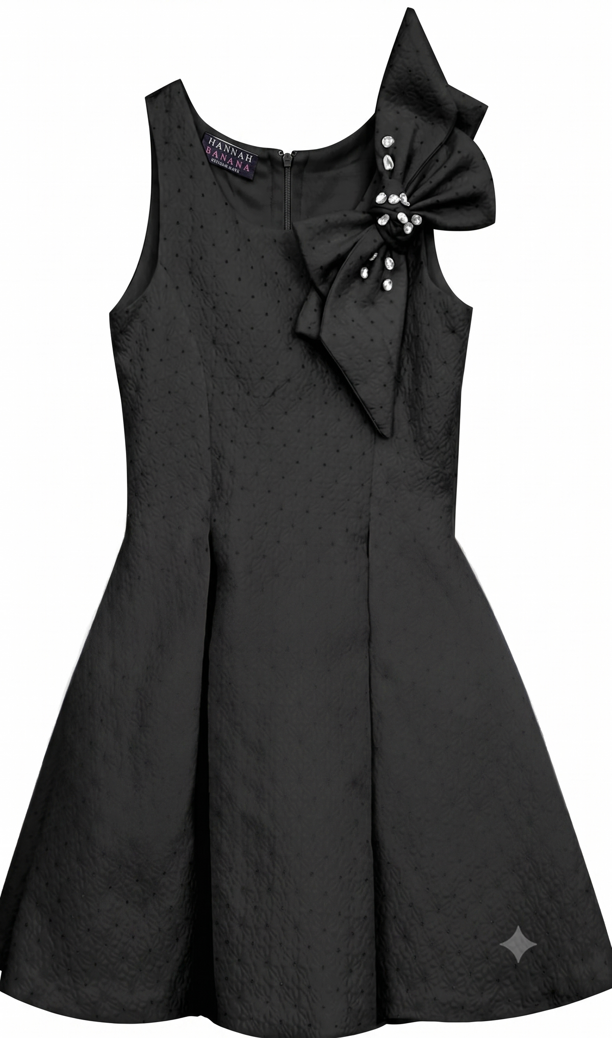 FIT AND FLARE PLEATED DRESS W/ JEWELED BOW