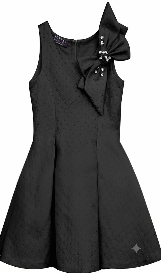 FIT AND FLARE PLEATED DRESS W/ JEWELED BOW