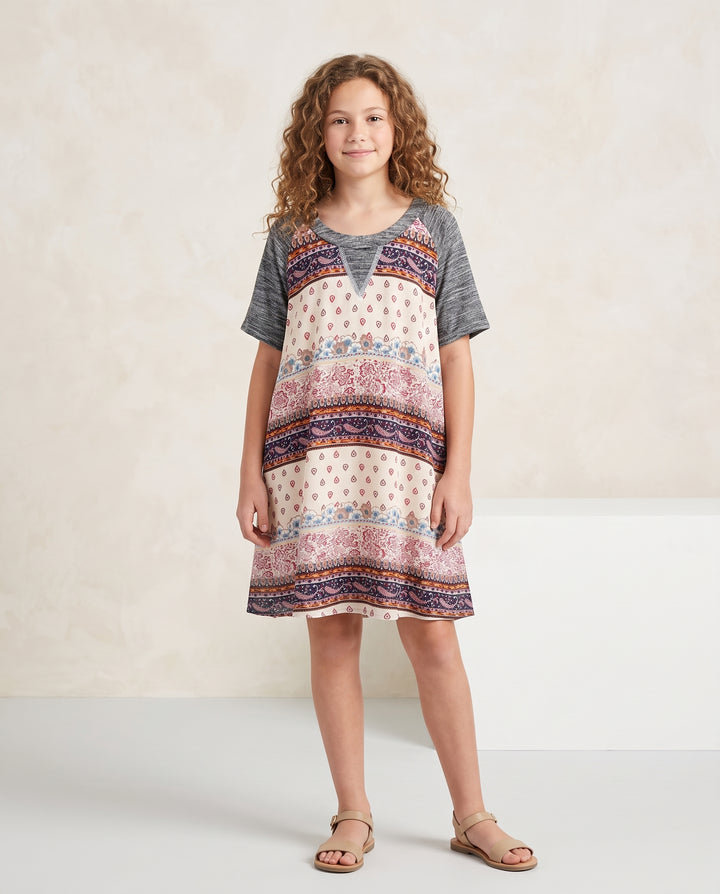COLD SHOULDER SHORT SLEEVE RAGLAN A-LINE DRESS WITH FABRIC BLOCKING