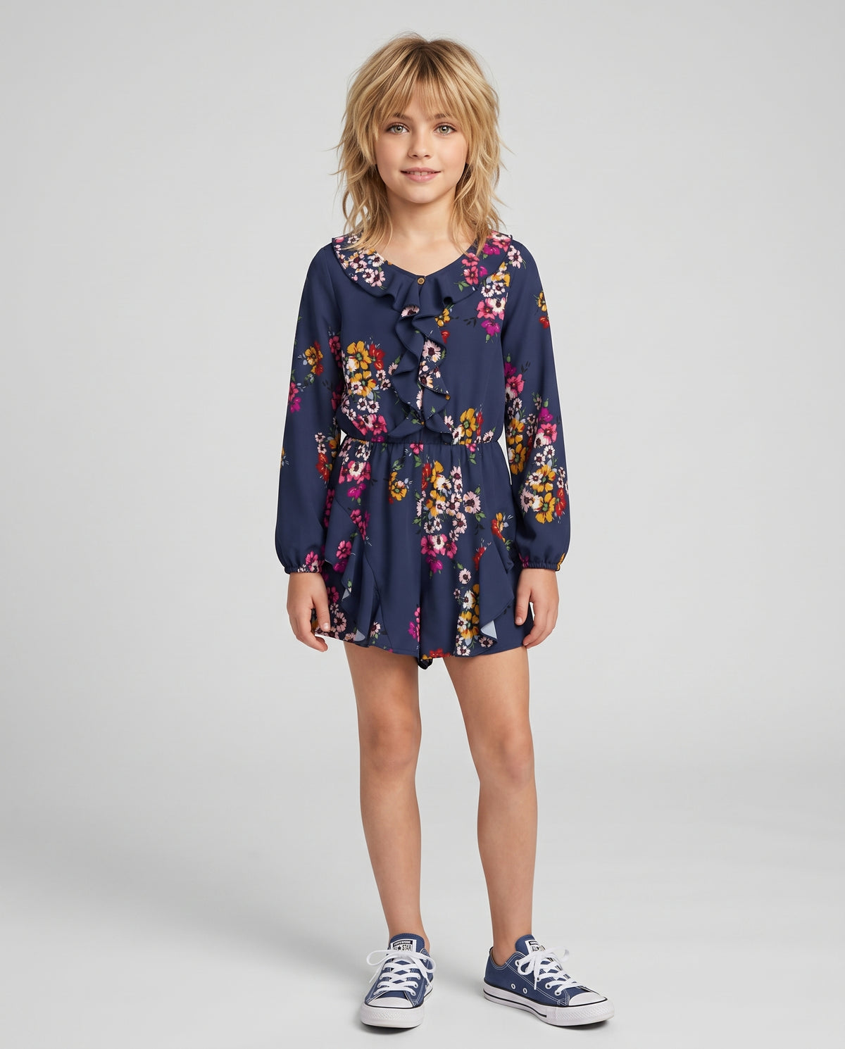 KNIT ROMPER W/ RUFFLE DETAILS