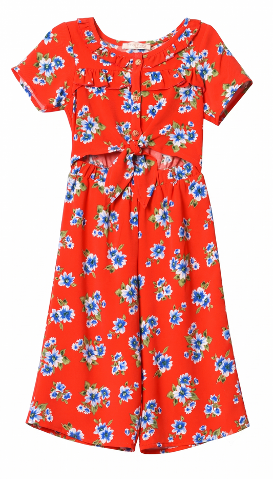 Little Girls Floral Button Front Short Sleeve Jumpsuit