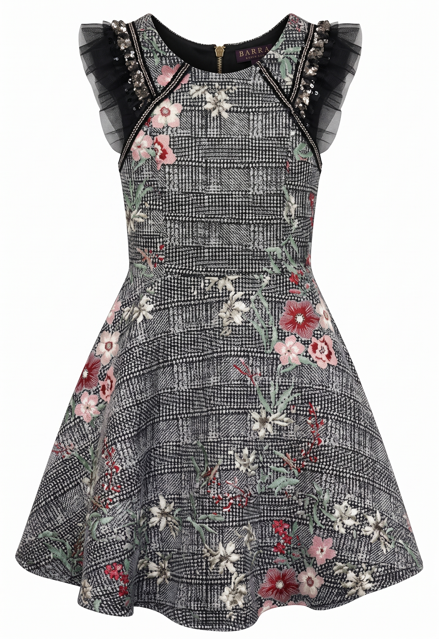 FIT AND FLARE PLAID AND FLORAL JACQUARD DRESS W/ SEQUIN RUFFLE DETAILS