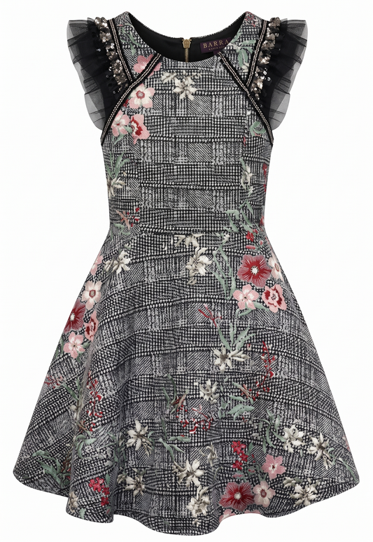 FIT AND FLARE PLAID AND FLORAL JACQUARD DRESS W/ SEQUIN RUFFLE DETAILS