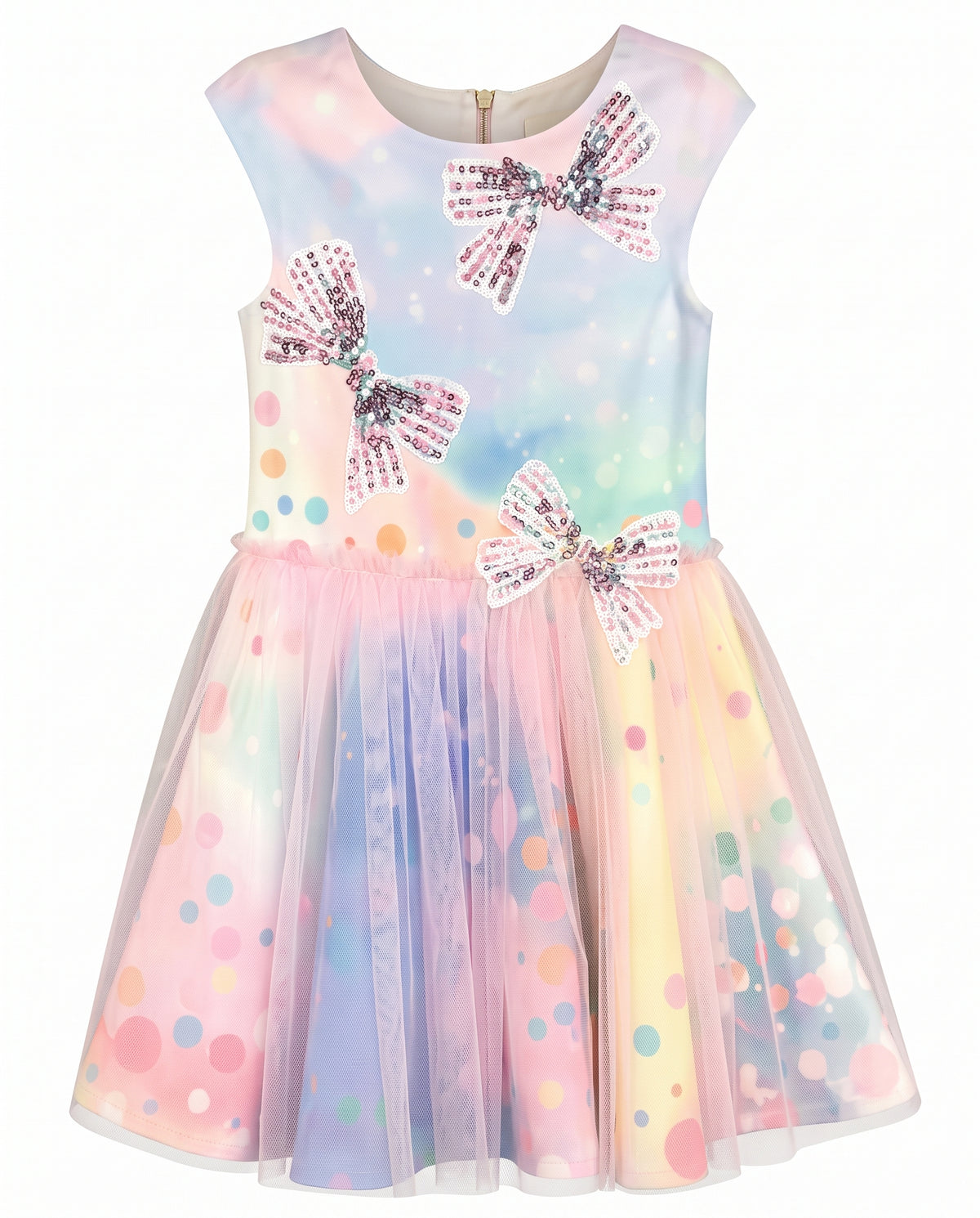 COLORFUL PRINT DRESS W/ MESH OVERLAY SKIRT