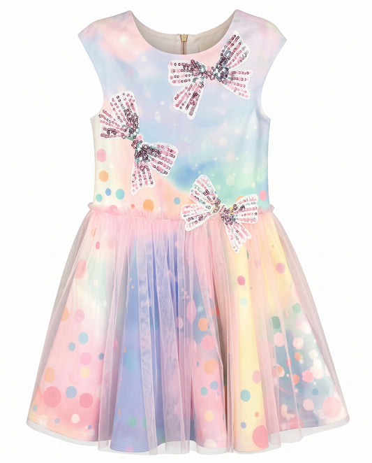 COLORFUL PRINT DRESS W/ MESH OVERLAY SKIRT