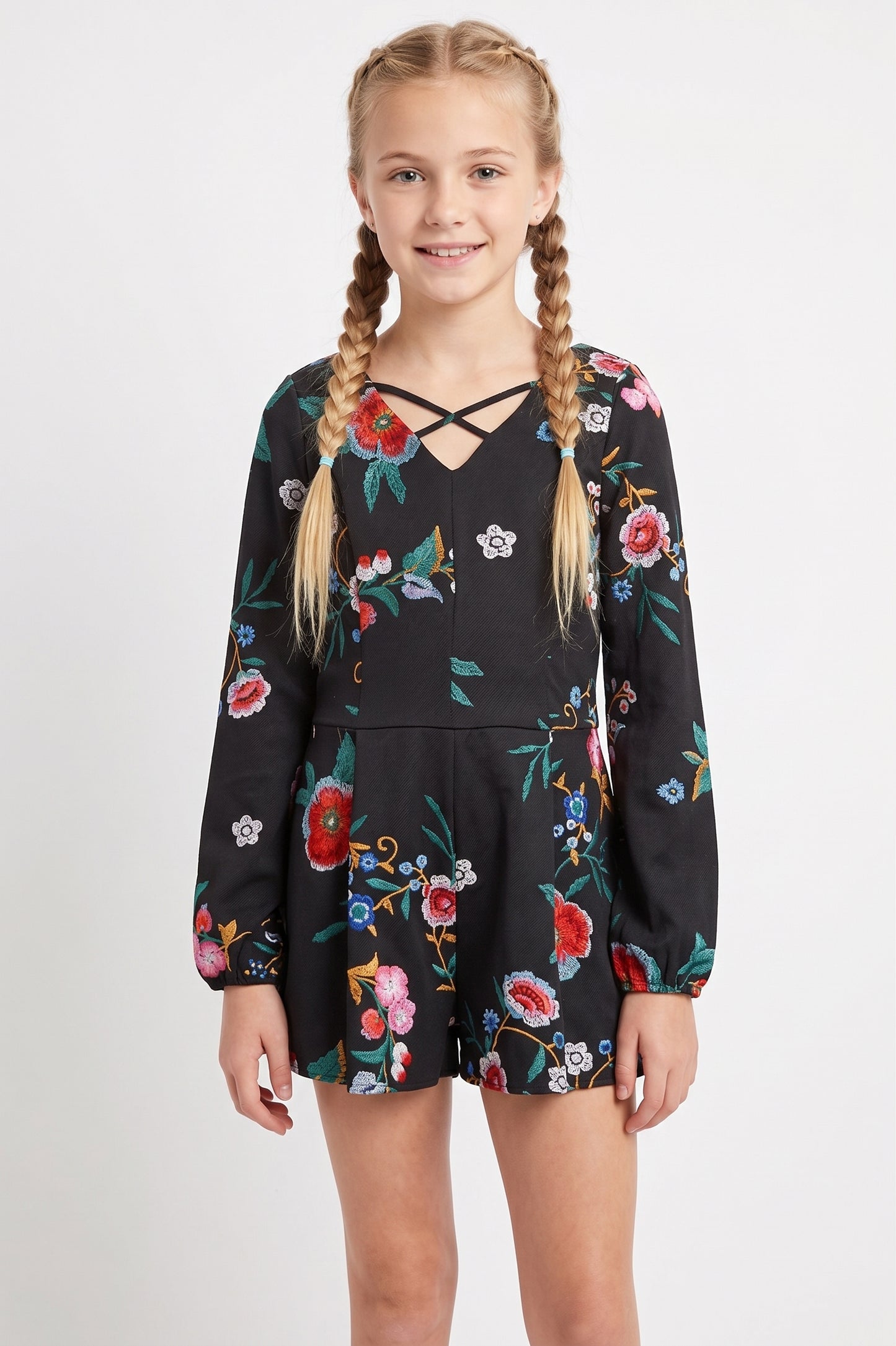 Big Girls Floral Print Long Sleeve Romper