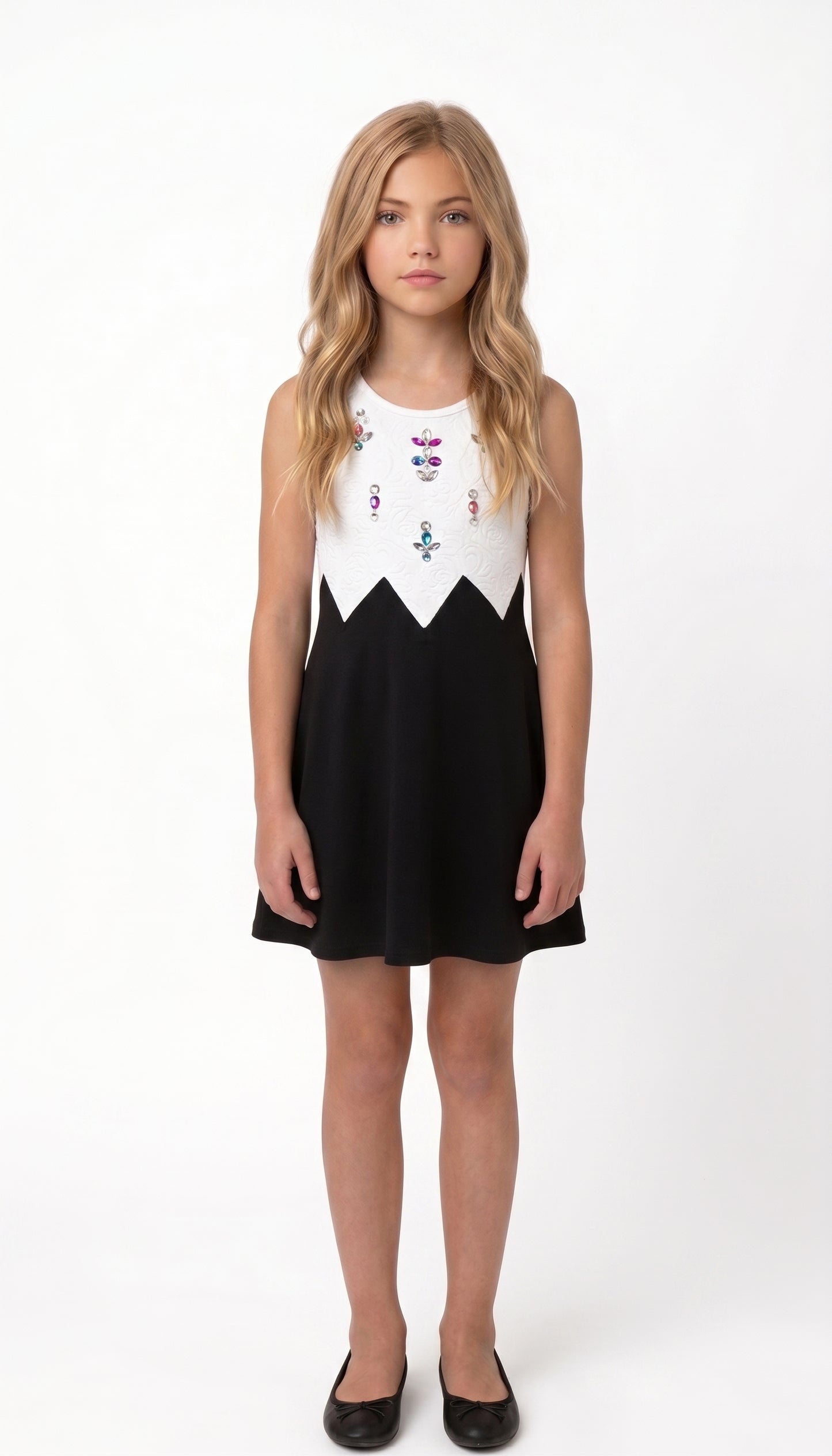 COLOR BLOCK DRESS WITH ASYMMETRIC WAIST AND RHINESTONES