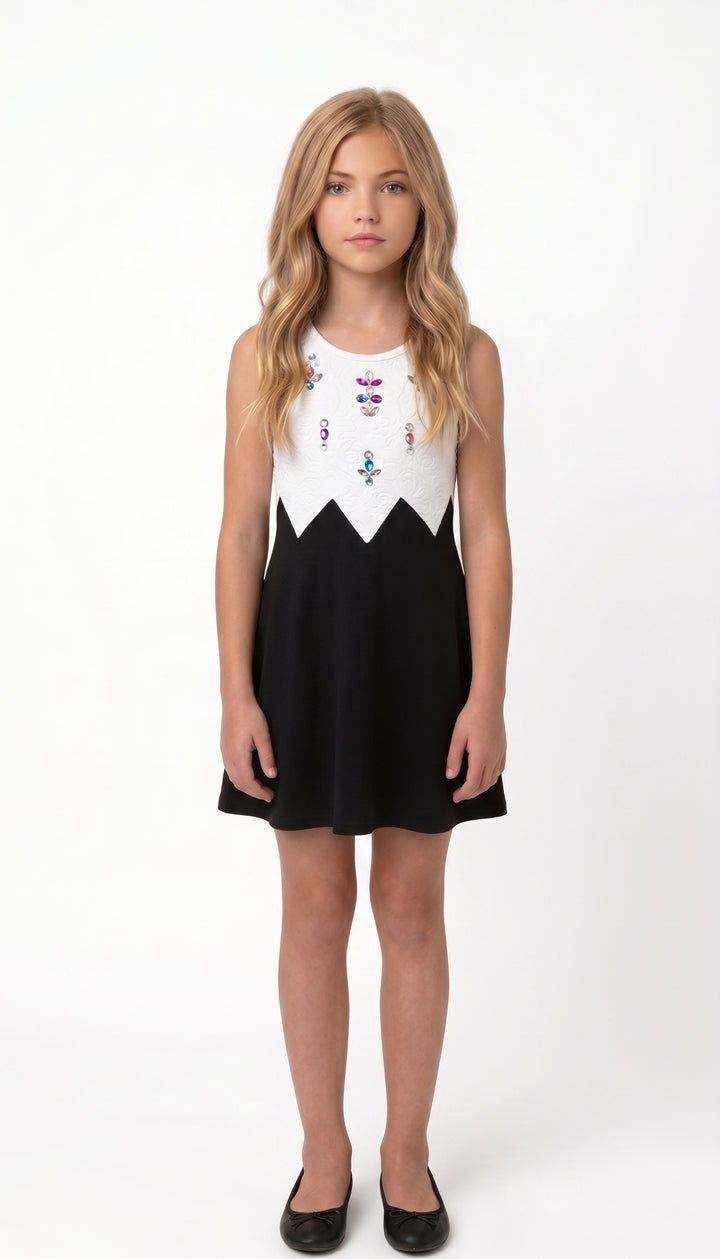 COLOR BLOCK DRESS WITH ASYMMETRIC WAIST AND RHINESTONES