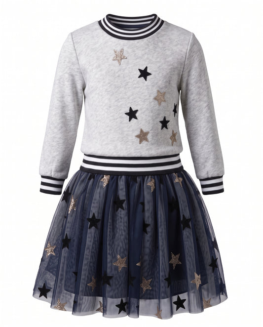 STAR TWO-FER DRESS WITH STRIPE BANDS