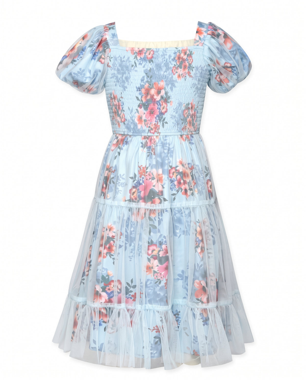 PRINT DRESS WITH MESH OVERLAY