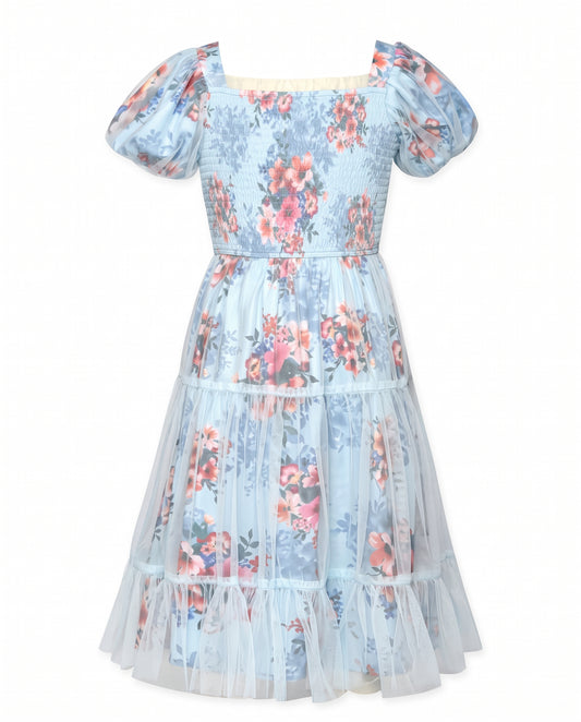 PRINT DRESS WITH MESH OVERLAY