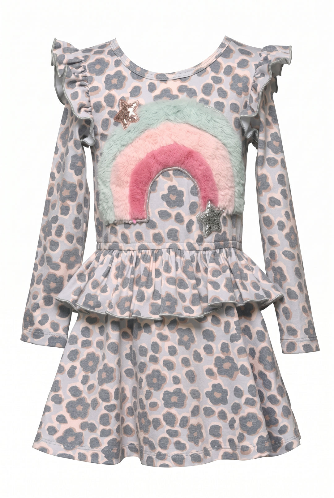 Little Girls Ruffle Fuzzy Rainbow Animal Print Dress