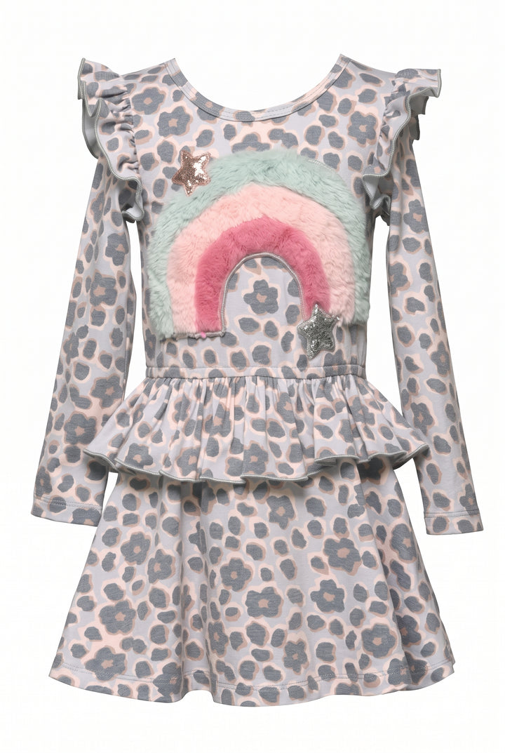 Little Girls Ruffle Fuzzy Rainbow Animal Print Dress