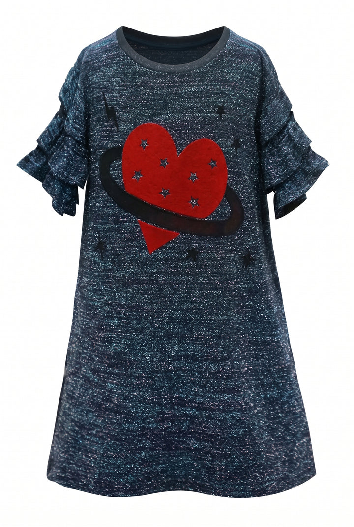 HEART PLANET FLOCKING KNIT DRESS W/ RUFFLE TIERED SLEEVES