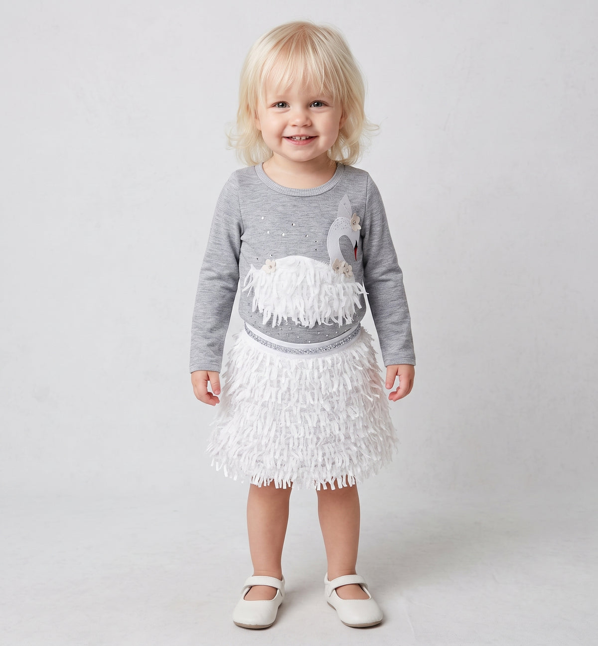 2PC SET LONG SLEEVE KNIT TOP WITH SWAN AND TEXTURED SKIRT