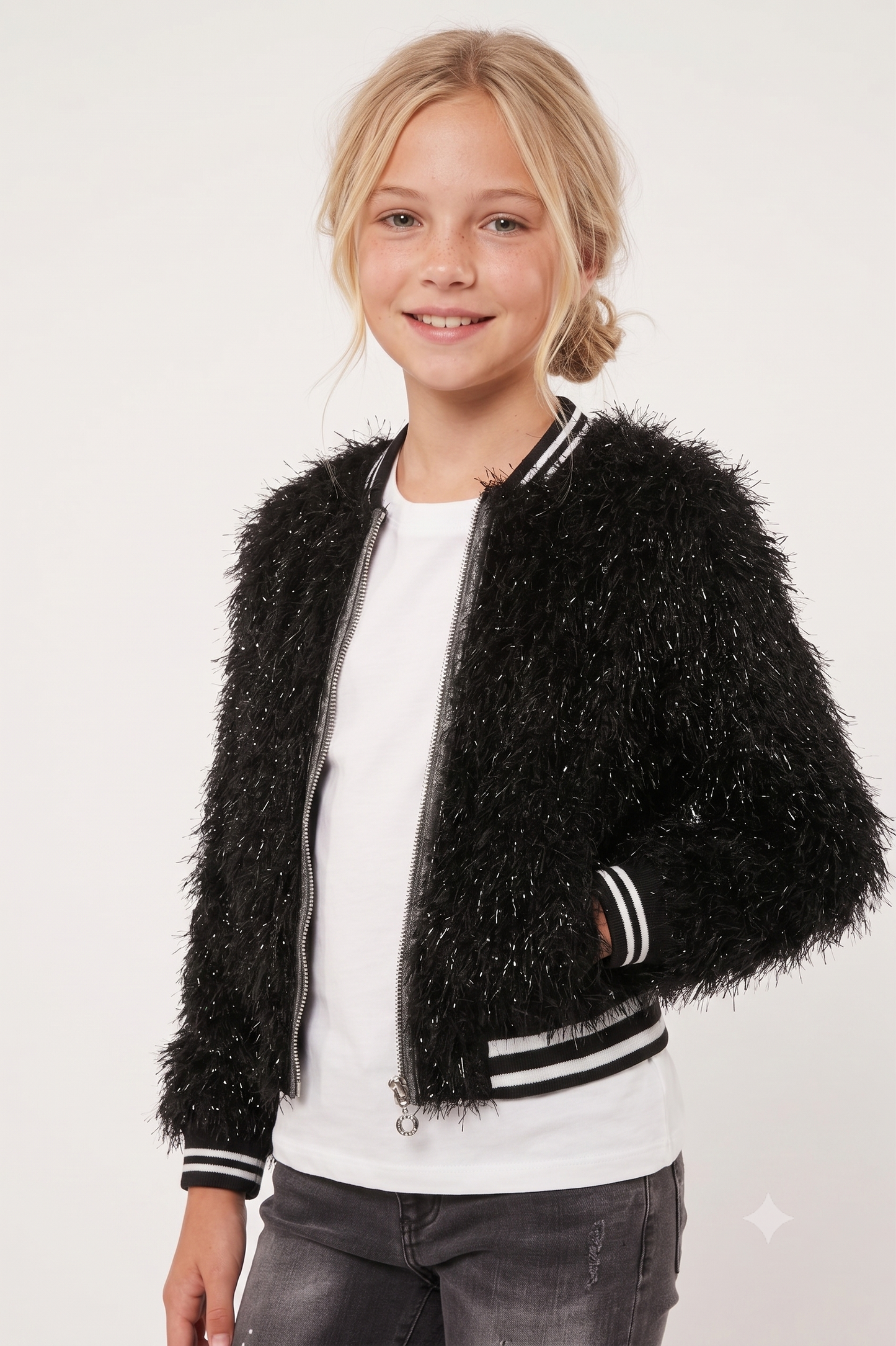 Big Girls Faux Fur Sparkly Sporty Chic Bomber Jacket
