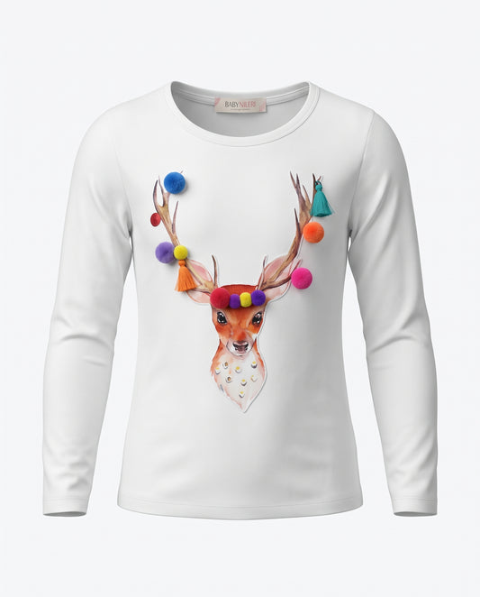 Little Girls Reindeer Long Sleeve Graphic Top