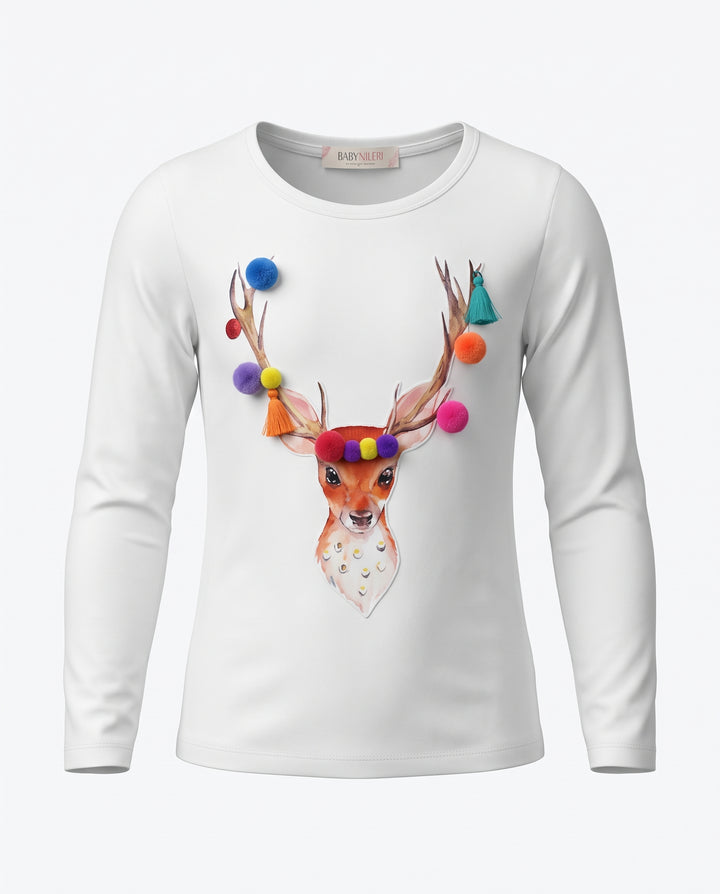 Little Girls Reindeer Long Sleeve Graphic Top