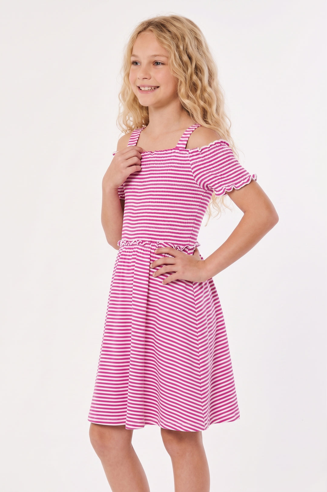 OFF THE SHOULDER STRIPED DRESS