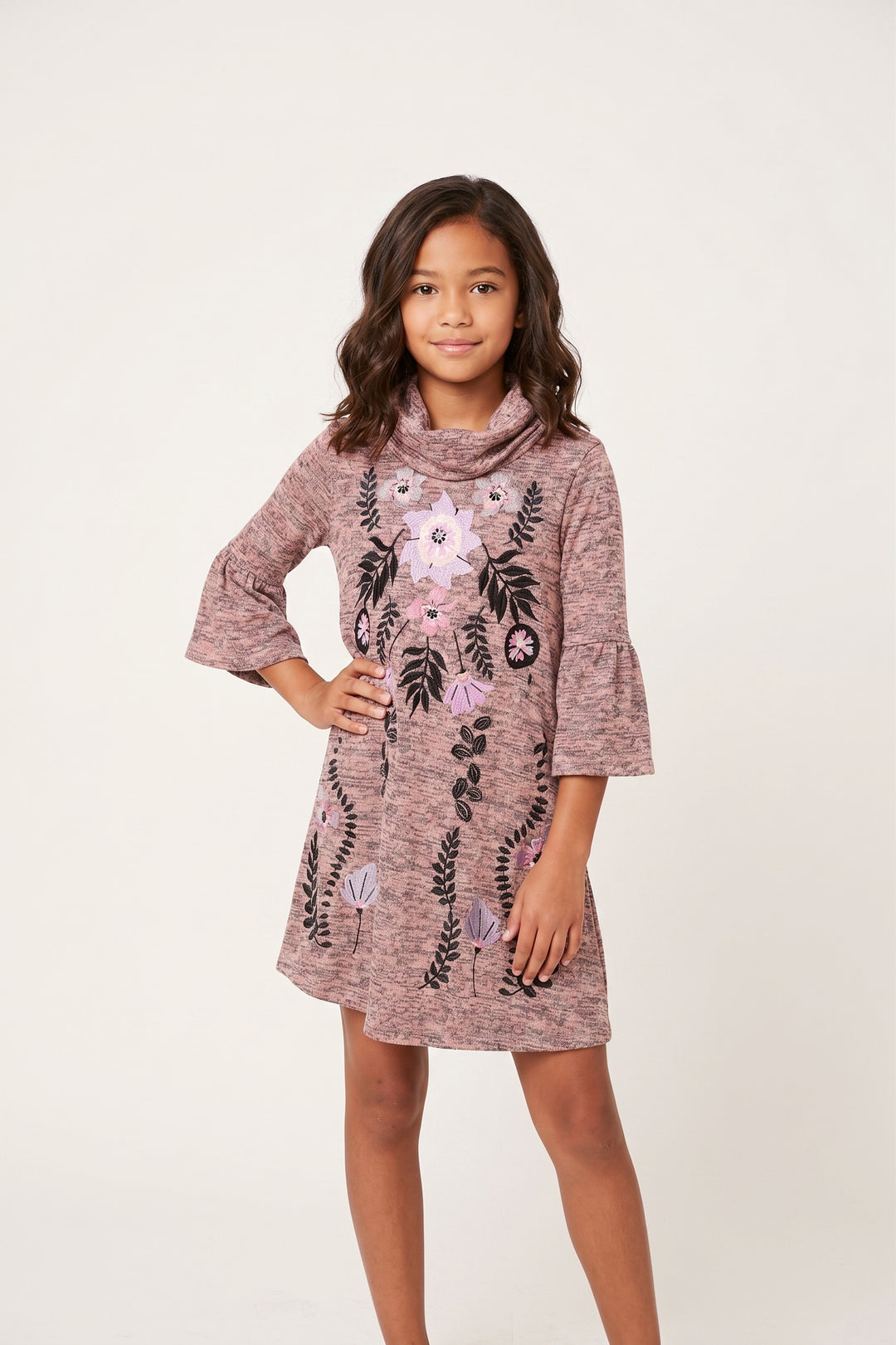 HALF BELL SLEEVE KNIT DRESS WITH EMBROIDERY