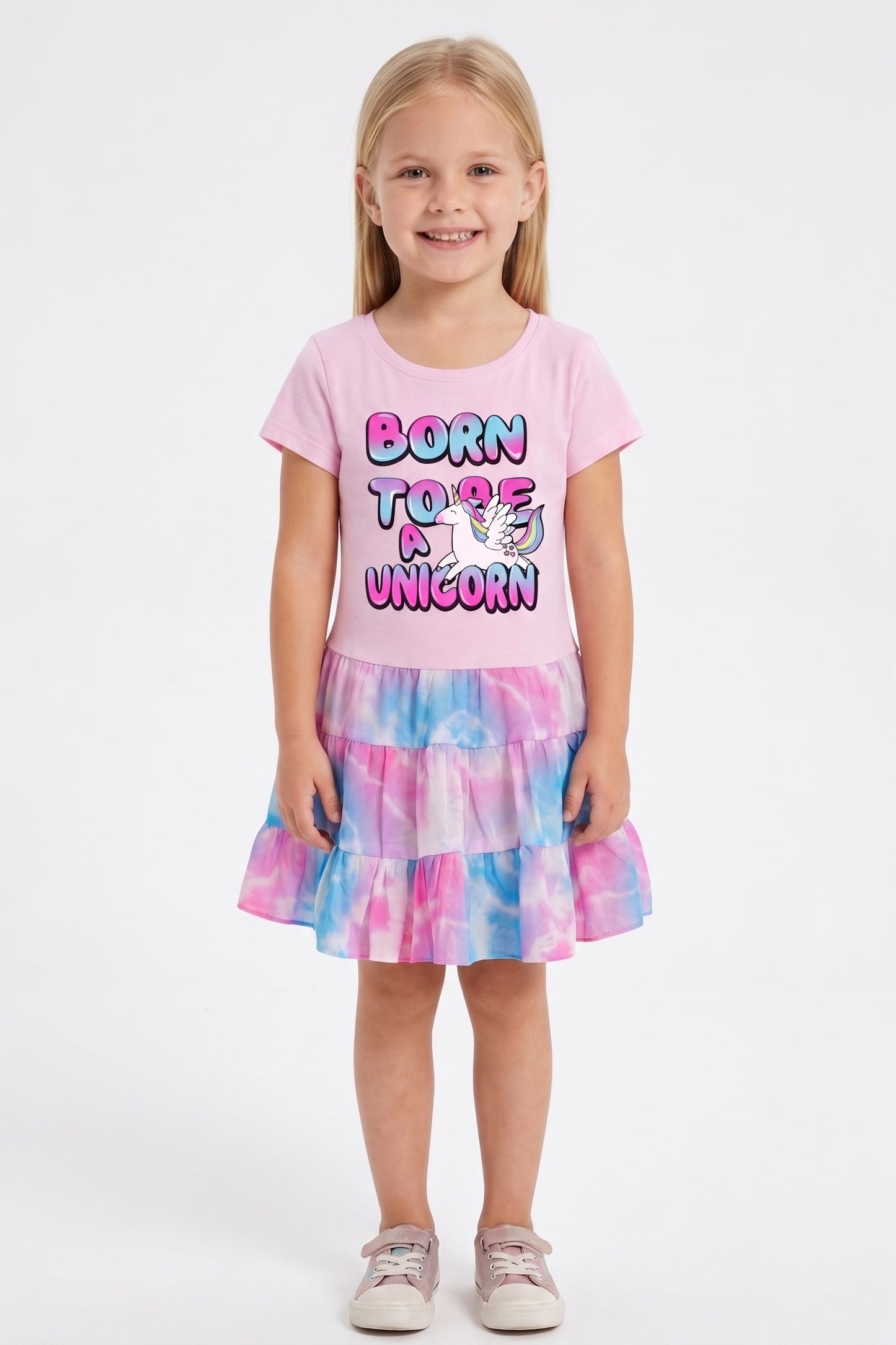 BORN TO BE A UNICORN PRINT DRESS W/ TIERED PRINT SKIRT