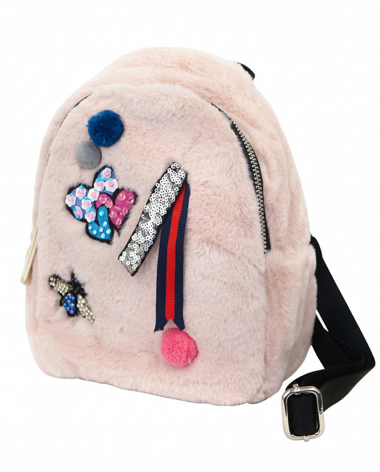 PINK FAUX FUR BACKPACK WITH PATCH HEARTS, A BEE AND POM POMS.