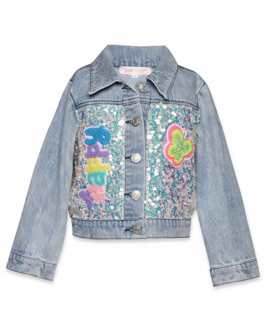 DENIM AND SEQUIN JACKET W/ PATCH TRIMS