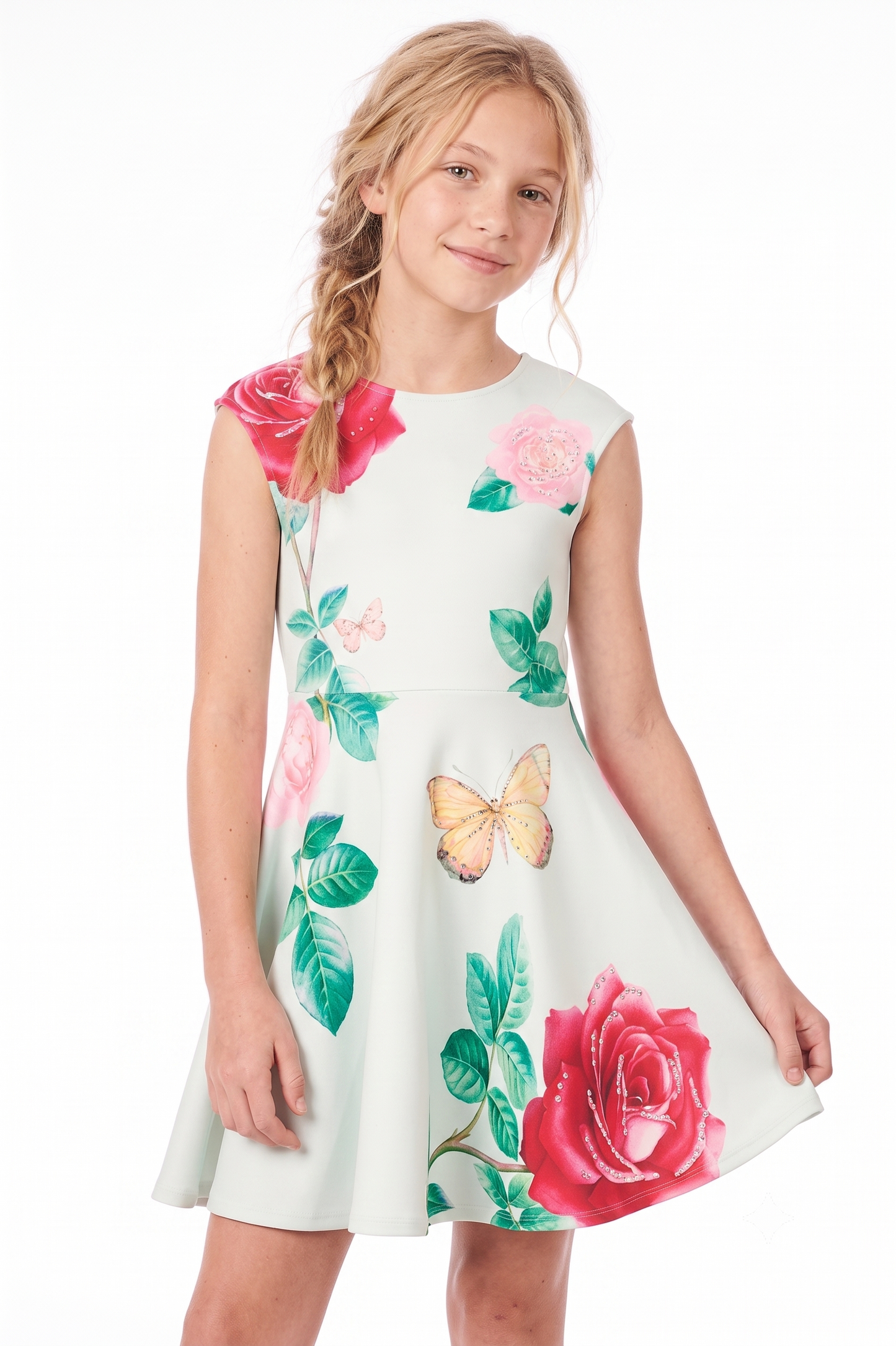 Girls Butterfly Rose Floral Skater Dress