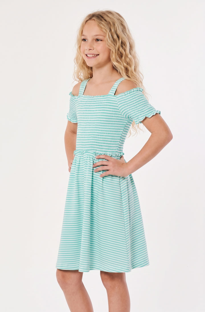 OFF THE SHOULDER STRIPED DRESS