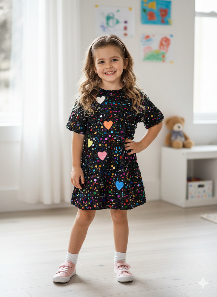 SEQUIN TIERED DRESS W/ HEART PATCH DETAIL