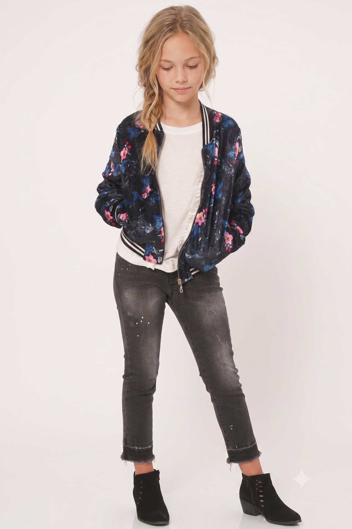 Big Girls Floral Print Velvet Bomber Jacket
